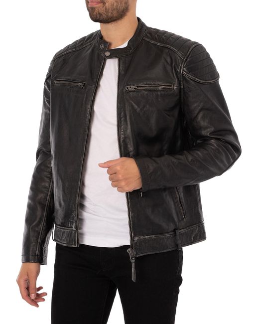 Superdry Black Heritage Leather Moto Racer Jacket for men
