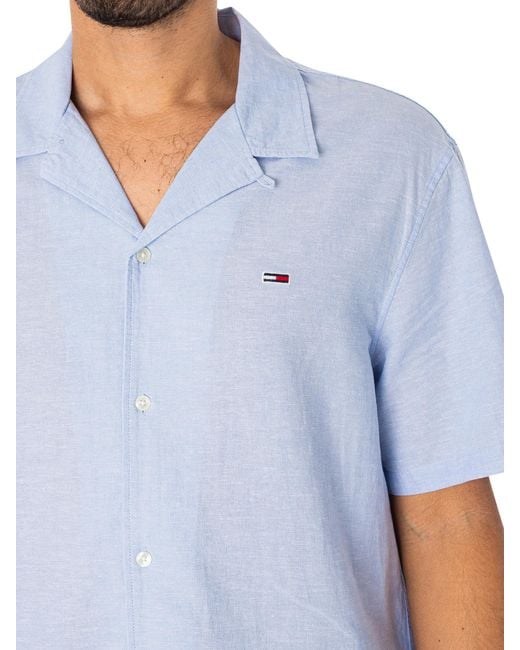 Tommy Hilfiger Blue Linen Blend Camp Shortsleeved Shirt for men