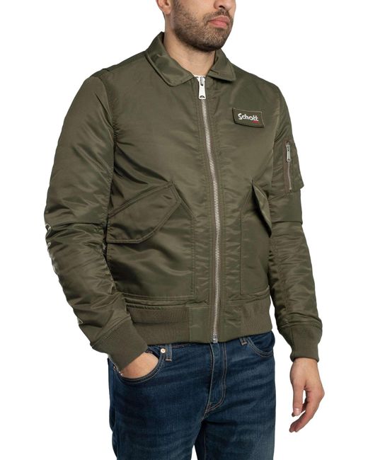 Schott Nyc Green Removable Badge Bomber Jacket for men