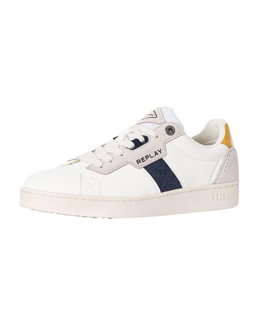 Replay White Smash Denim Leather Trainers for men