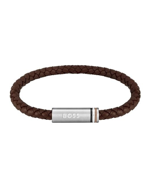 Boss Brown Ares Braided Leather Bracelet for men