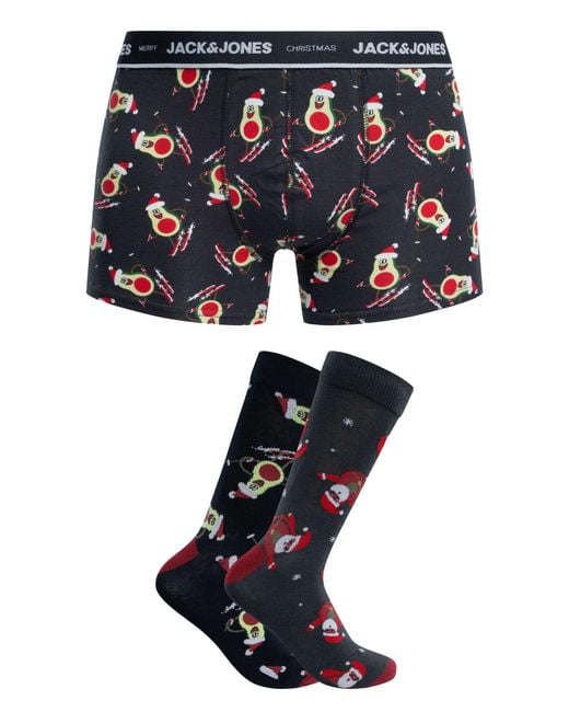 Jack & Jones Black Xmas Avocado Trunks & 2 Pack Socks Gift Box for men