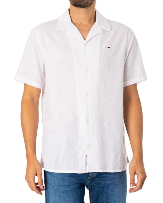 Tommy Hilfiger White Linen Blend Camp Shortsleeved Shirt for men