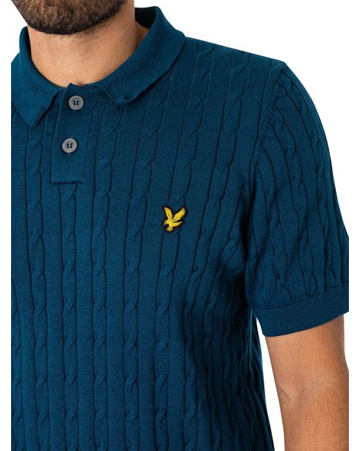 Lyle & Scott Blue Cable Knitted Polo Shirt for men