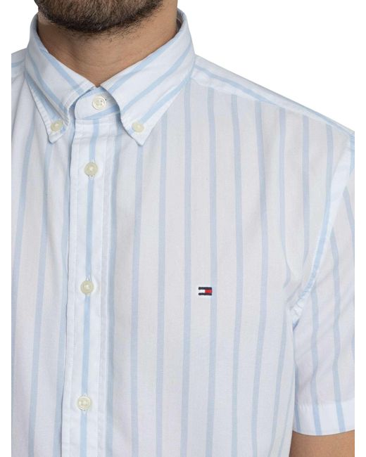Tommy Hilfiger White Flex Poplin Stripe Short Sleeved Shirt for men