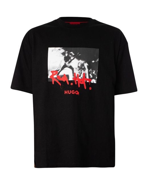 HUGO Black Cotton-jersey T-shirt With Spray-paint Artwork for men