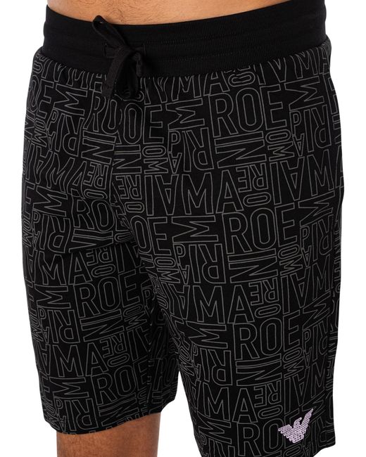 Emporio Armani Black Lounge Brand Pattern Sweat Shorts for men