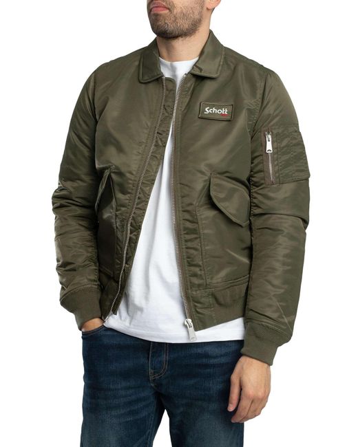 Schott Nyc Green Removable Badge Bomber Jacket for men