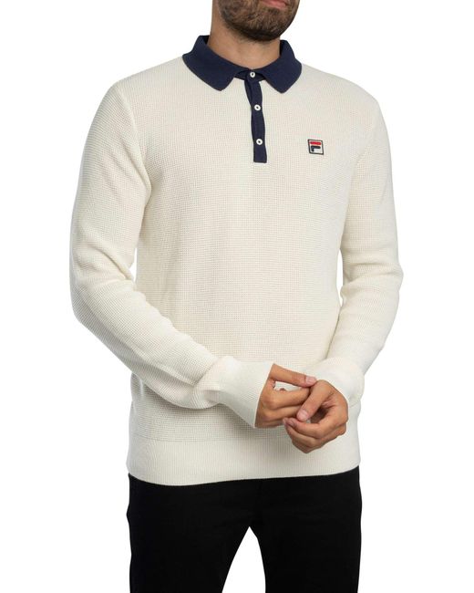 Fila White Nowell Waffle Knitted Longsleeved Polo Shirt for men