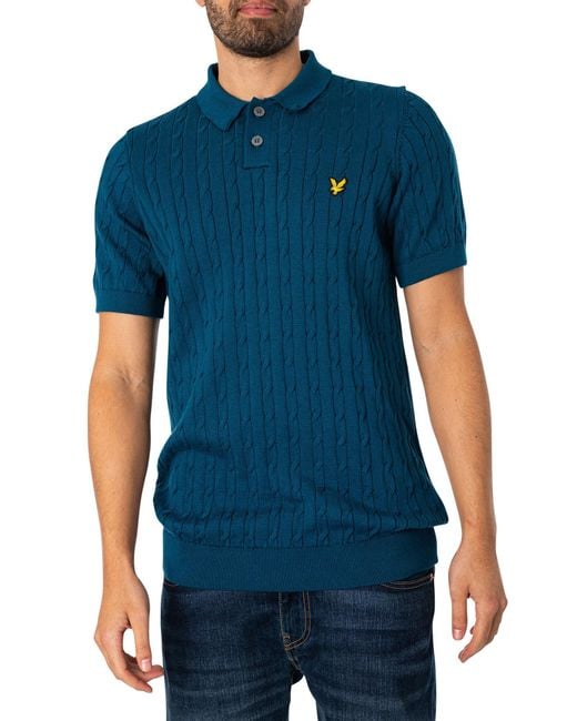 Lyle & Scott Blue Cable Knitted Polo Shirt for men