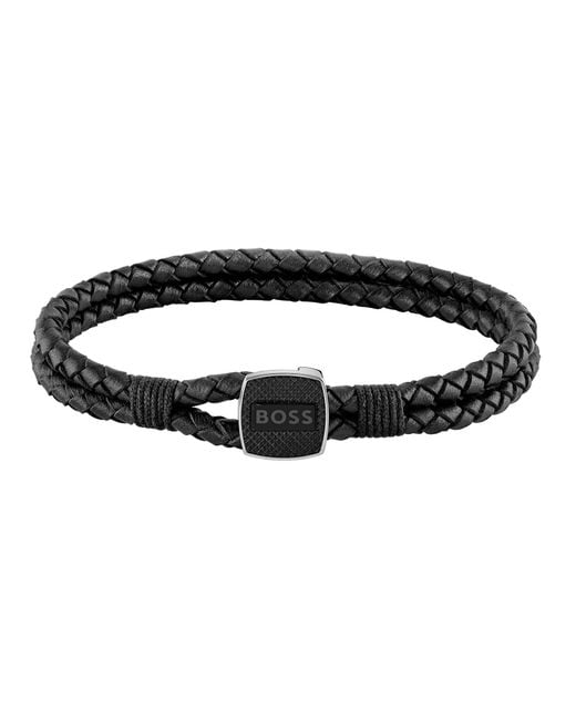 Boss Black Seal Braided Leather Bracelet for men