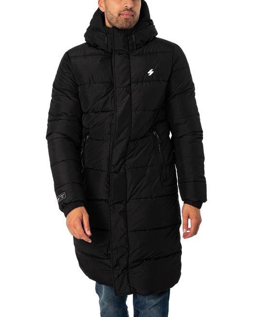 Superdry Black Hooded Longline Puffer Jacket for men