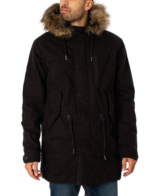 Superdry Black Vintage Military Faux Fur Parka Jacket for men