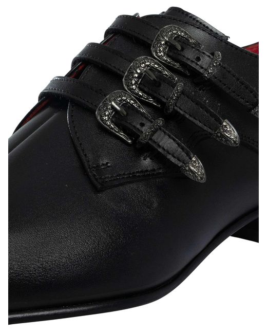 Jeffery West Black Triple Strap Monk Leather Shoes for men