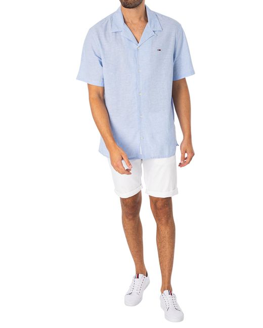 Tommy Hilfiger Blue Linen Blend Camp Shortsleeved Shirt for men