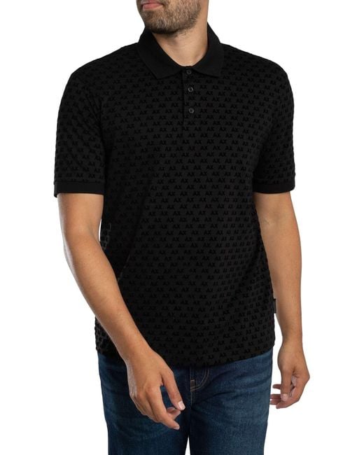 ARMANI EXCHANGE Black Regular Logo Pattern Polo Shirt for men