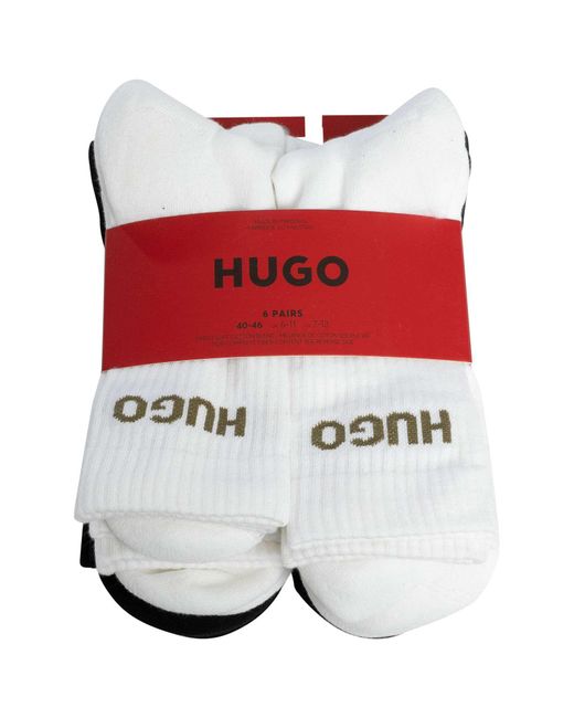 HUGO White 6 Pack Logo Quarter Socks for men