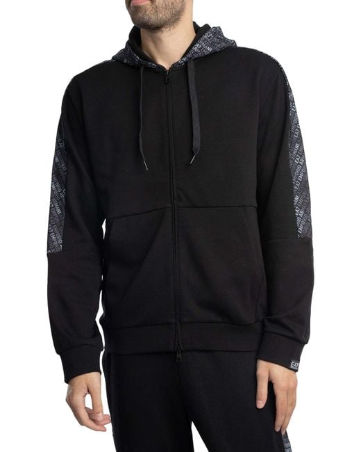 EA7 Black Pattern Zip Hoodie for men