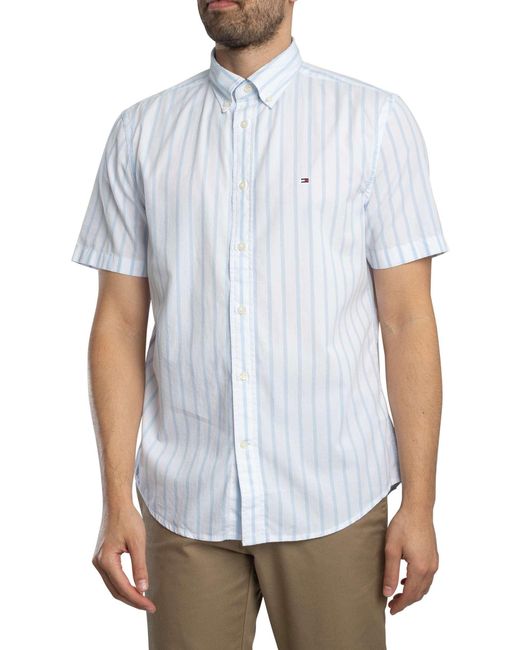 Tommy Hilfiger White Flex Poplin Stripe Short Sleeved Shirt for men