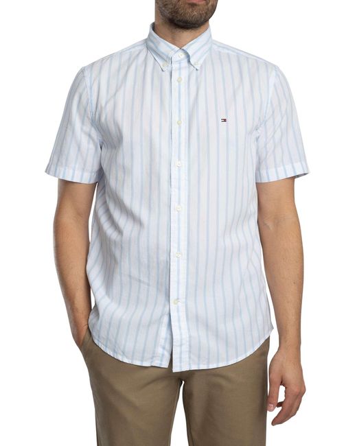Tommy Hilfiger White Flex Poplin Stripe Short Sleeved Shirt for men
