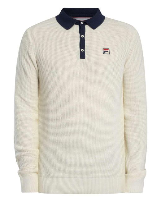 Fila White Nowell Waffle Knitted Longsleeved Polo Shirt for men