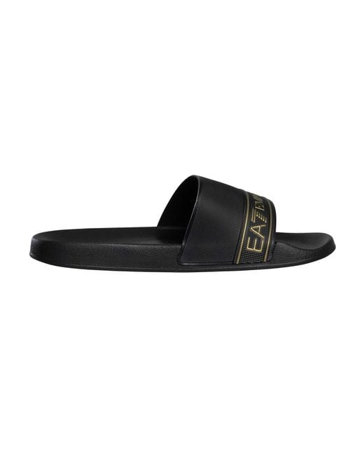 EA7 Black Brand Stripe Sliders for men