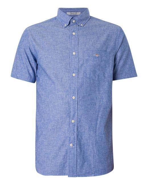 Gant Blue Regular Cotton Linen Short Sleeved Shirt for men