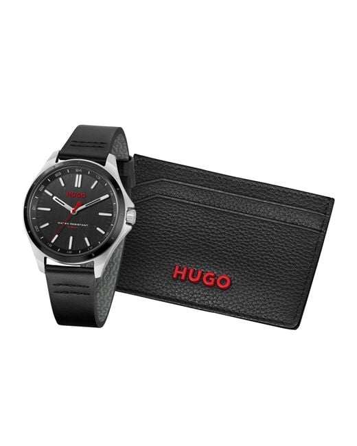 HUGO Black Watch And Card Holder Gift Set for men