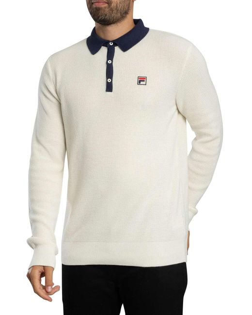 Fila White Nowell Waffle Knitted Longsleeved Polo Shirt for men