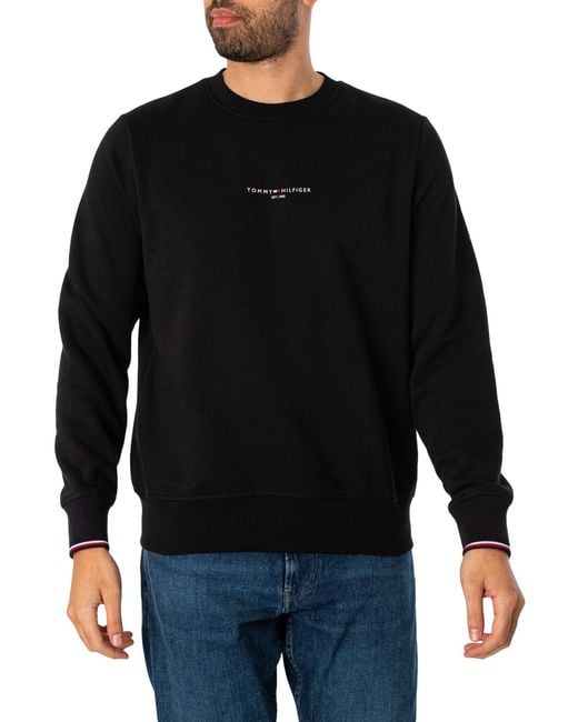 Tommy Hilfiger Black Logo Tipped Crew Sweatshirt for men