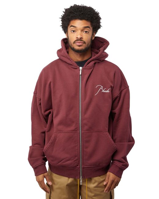 Rhude Cotton Zip Up Hoodie in Red for Men | Lyst