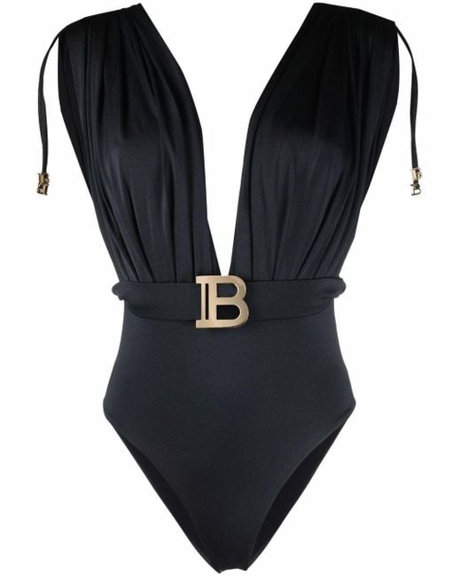 Balmain Draped Plunge Swimsuit in Black - Lyst