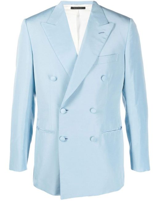 Brioni Satin-finish Double-breasted Blazer in Blue for Men | Lyst