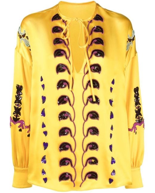 Valentino Garavani Yellow Embellished Silk Blouse