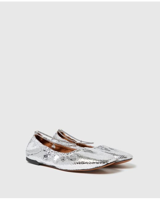 Stella McCartney White Metallic Crackled Chain-detail Ballerina Flats
