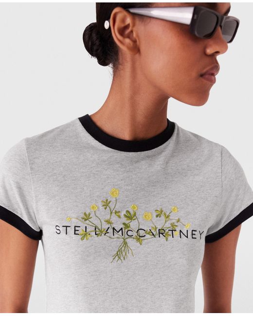 Stella McCartney Gray Logo Floral Embroidered T-shirt