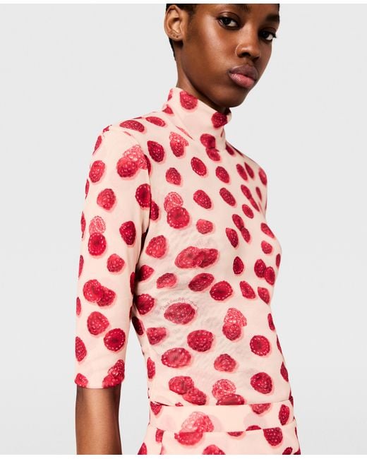 Stella McCartney Red Raspberry Print High-neck Mesh Top
