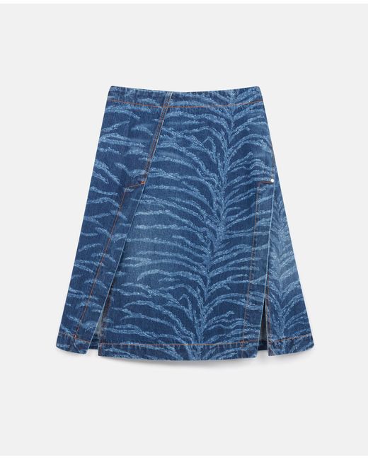 Stella McCartney Blue Tiger Pattern Asymmetric High-Rise Midi Skirt, , Vintage Wash Denim