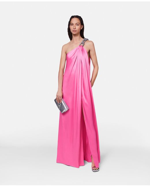 Stella McCartney Pink Falabella Crystal Chain Double Satin One-shoulder Gown