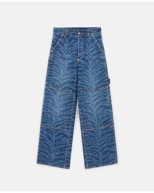 Stella McCartney Blue Tiger Pattern High-Rise Straight Leg Cargo Jeans, , Vintage Wash Denim