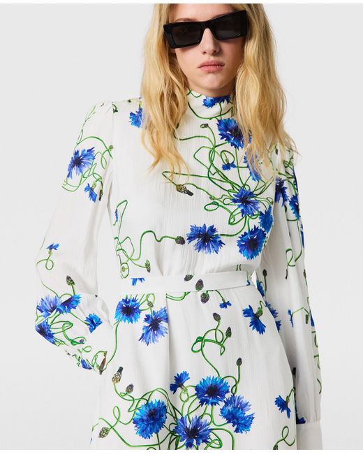 Stella McCartney Blue Floral Print High Neck Dress