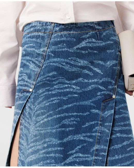 Stella McCartney Blue Tiger Pattern Asymmetric High-Rise Midi Skirt, , Vintage Wash Denim