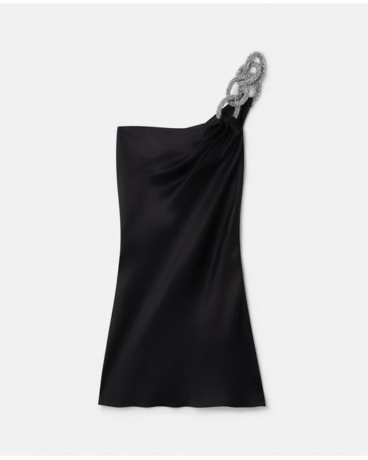 Stella McCartney Black Falabella Crystal Chain Double Satin One-shoulder Mini Dress