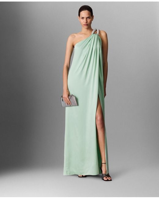 Stella McCartney Green Lead-free Crystal Chain Link Asymmetric Draped Maxi Dress