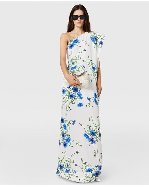 Stella McCartney Blue Floral Print Hammered Silk Asymmetric Cocktail Dress