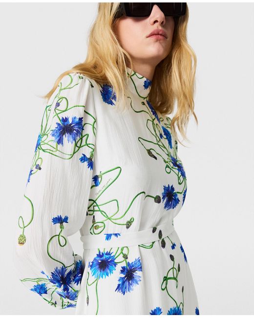Stella McCartney Blue Floral Print High Neck Dress