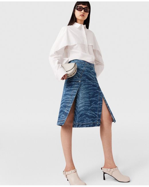 Stella McCartney Blue Tiger Pattern Asymmetric High-Rise Midi Skirt, , Vintage Wash Denim