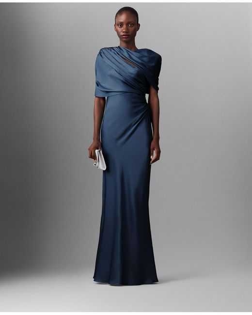 stella mccartney bridesmaid dresses Satin Wrapped Short-Sleeve Maxi Dress in Blue DKNY Women's 100% Linen anthropologie for sale Elegant and feminine Color:Jade Sky