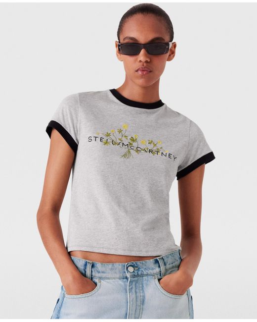 Stella McCartney Gray Logo Floral Embroidered T-shirt