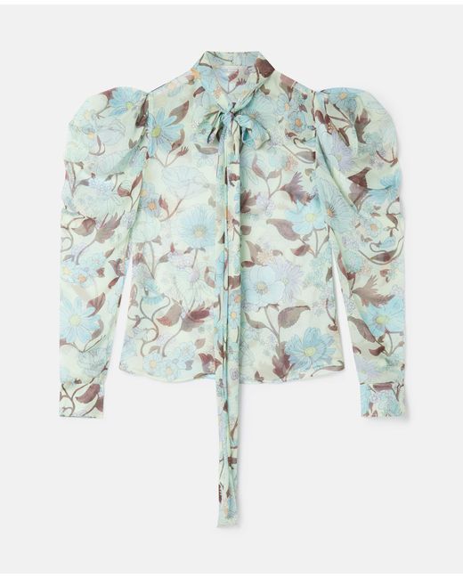 Stella McCartney Blue Lady Garden Print Silk Chiffon Pussybow Shirt